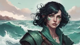 dungeons and dragons human female fathomless warlock, pale freckled skin, short ink black hair, sea green eyes, scar across her bottom lip, wears clothes made for sea travel, portrait