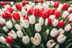 photorealistic red and white tulips bouquet, red tulips above and white tulips down in flowergarden, soft lighting, sharp focus, rough edges in sunshine