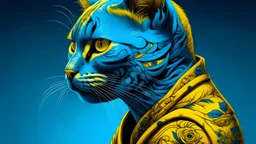 blue background, cat man, wool, fine drawing, high detail, 8K, tattoos, yellow flower