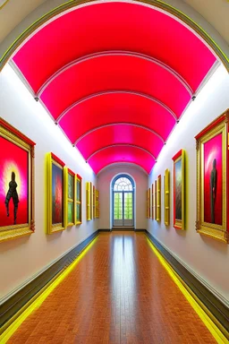 3 D-shot A hall for displaying art paintings. The walls are oval-shaped, and there is an oval wall in the middle of the hall, to divide the hall into two parts, and the paintings are hung on the walls.