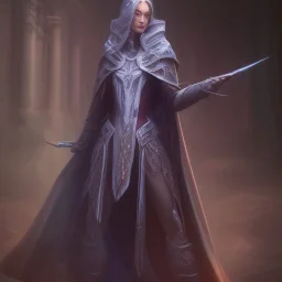 A beautiful portrait female warlock long hood cloak purple, fighting dark evil monster from hell in magic world, 8 k, trending on artstation by tooth wu ” digital art by Eugene de Blaas and Ross Tran, vibrant color scheme, highly detailed, in the style of romanticism, cinematic, artstation best quality, realistic lighting, masterpiece portrait, details light dusting , cowboy shot from above, simple chain hauberk Vector art digital illustration 3D shading