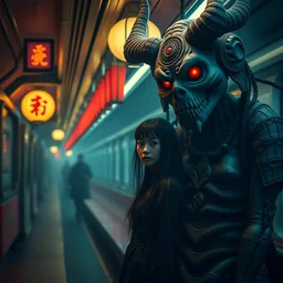 a young women standing next to yokai, scary, behance, photograph, fantasy, masterpiece, best quality, high quality, highres, detail enhancement, most beautiful image in the world, 8k, hd, metro train, real photo, horror movie color palette, dark atmospher