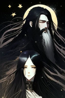 Celestial anime woman, long black hair, with bearded man