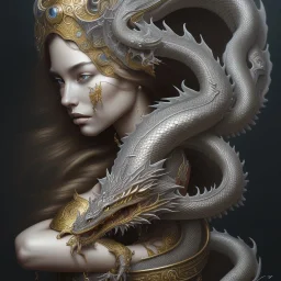 sango fantasy, fantasy magic, intricate, sharp focus, illustration, highly detailed, digital painting, concept art, matte, artgerm and paul lewin and kehinde wiley, masterpiece silver dragon head golden Asian nice breast Afo woman black waves