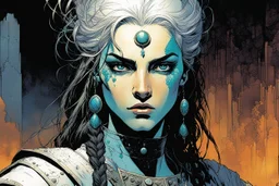 create the young female Ivrian from Ill met in lankhmar in the comic book art style of Mike Mignola, Bill Sienkiewicz and Jean Giraud Moebius, , highly detailed, finely lined facial features, grainy, gritty textures, foreboding, dramatic ethereal lighting