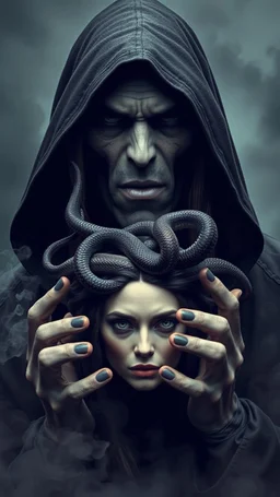 Portrait of aa evil gray skin male hooded Cary with both hands a head of a woman with snakes in her hair of witch in front. A lot of smoke on the background