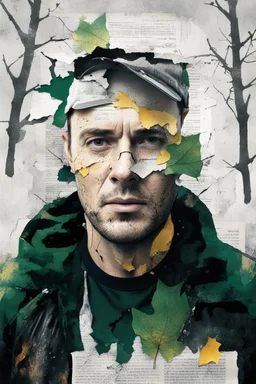 background old, cracks, yellow, torn canvas, gouache, double exposure, man, baseball cap, 40 years old, fine drawing, blots, newspaper scraps, leaves, green, autumn, rain, city, branches, 8K, double exposure