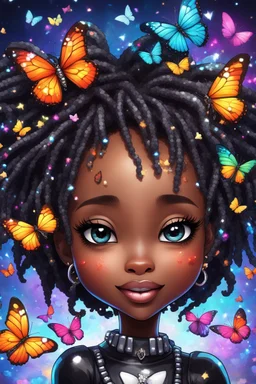 A sassy futurism ABSTRACT colorful art cartoon black chibi girl LOOKING DOWN, surrounded by colorful BUTTERFLIES. Looking up coyly, she grins widely, showing her platinum and diamond cap teeth. Highly detailed black shiny dread locs , regal expression.