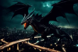 black dragon flying across the city at night dark fantasy lightening glowing eyes