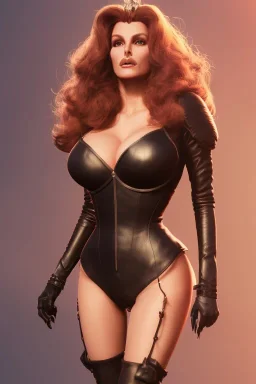 Raquel Welch as evil queen in black leather, leather, busty, cleavage, angry, stern look. character design by cory loftis, fenghua zhong, ryohei hase, ismail inceoglu and ruan jia. unreal engine 5, artistic lighting, highly detailed, photorealistic, fantasy