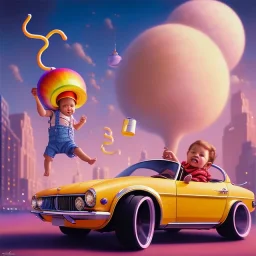 A one-year-old boy rides in the plastic funny toy-car on the middle of a busy street in new york. He has and a large-brimmed straw hat. somehow photographic bright colors and sunset, fantasy art, Anna Dittmann, digital painting, dan mumford, oil on canvas, jeff koons, akihito yoshida, wlop, kodachrome,