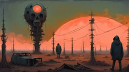 Eclipsed Dread: Macabre Enigmas, a Strange surreal world, techno gothic, post apocalyptic art, neo cyberpunk renaissance, Science fiction painting, Denis Sarazhin Simon Stålenhag, Nicolas Bruno, sinister vibes, harsh survivalism, Peter Sallesen, Hamish Frater, ominous sky