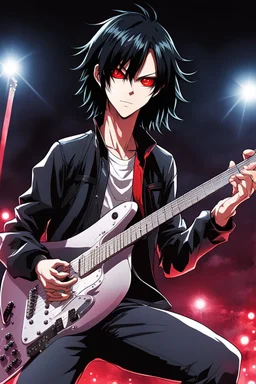 A 30 years old male guitarist playing electric guitar at a midnight concert, manly facial features, red creepy alien bug eyes, black hair, athletic build, correct hands, in the style of manga "Rosario+Vampire"