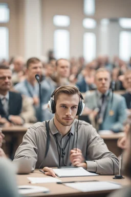 A simultaneous translator of Slavic appearance is sitting at a table with headphones with a microphone at a briefing, in a large hall, there are a lot of people around, the background is blurred, everything is in pastel light colors