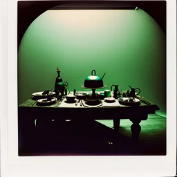 Close up polaroid photography of spooky room, eerie, table, Max Ernst, colored powder, Yves Tanguy, hypnotic, giant flowers, volumetric light, colors, details of the table very accentuated, filthy pieces of dismebered body, strong contrasts and dynamism