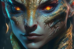 A Reptilian Female with snake eyes, tattooed skin, 4k resolution concept art portrait by Greg Rutkowski, Artgerm, WLOP, Alphonse Mucha dynamic lighting hyperdetailed intricately detailed Splash art trending on Artstation Unreal Engine 5 volumetric lighting, Boris Vallejo, triadic colors