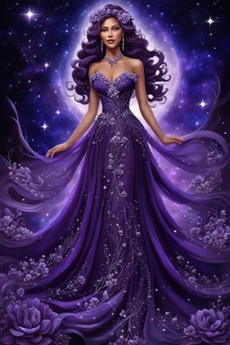 The title captures the essence of the woman’s flowing dress made up of dark purple and silver flowers, her hair adorned with purple flowers and beads, and the background that gives the impression of a night sky with stars. It’s a beautiful blend of elegance and nature. stunning