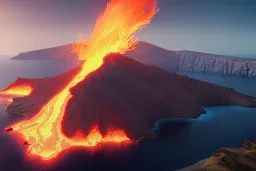 Santorini's greek island volcano,eruption lava flows , concept art, smooth, extremely sharp detail, finely tuned detail, ultra high definition, 8 k, unreal engine 5, ultra sharp focus, illustration, magic ambient,fantasy.