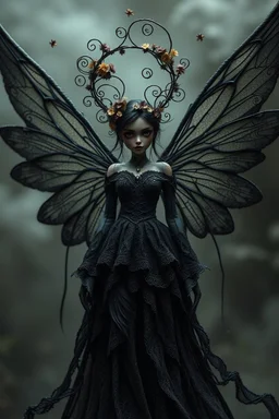 A whimsical dark fantasy detailed dark fairy figure with wings, an ethereal presence and hyper-realistic features. Her ewaring a victorian, goth enchanted aesthetic. Her large, dark eyes shimmer with mystery, while her flowing lacy long gown sways as if caught in an unseen breeze. Ornate wire spirals and dried dry floral elements crown around, giving her an otherworldly, nature-bound elegance with dark lace, shadows, fog in a surreal atmosphere. Hyperrealistic, splash art, concept art