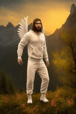 neanderthal portrait , white jogging suite,men , in the sunset Alps, golden light , holding leaves and flowers , angels background, volumetric light, high detail, dark leaf tree, dark mountains in background, perfect