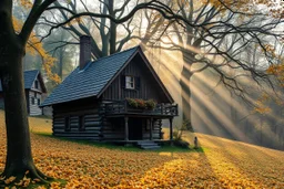 A Austrian wooden house in a mystery hilly oak forest in autumn, yellow orange leaves on ground, moist in air, early morning, sun streaks, dense vegetation, gnomes