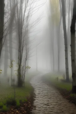 soft fog, with light breaking through, tall white birch trees, and a stone path leading to pavilion