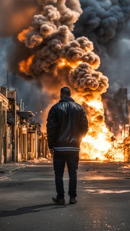 Man in a black bomber jacket, back to the camera, looking down a street, watching an explosion of fire and lights in front of him.