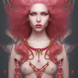 Young, Fire witch, round full face, pale skin, wild curly pink hair, red eyes, pink and red eyeshadow, pink glossy lips, wearing a pink witch hat, wearing a red crystal necklace