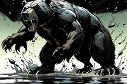 Bear, black liquid, full body, attacking, profile ,comic book, gray background,