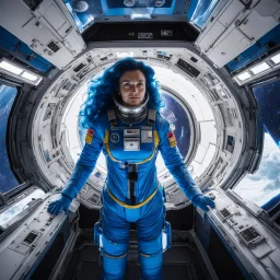 wide-angle photo of a woman in an electric blue spacesuit, with long glowing blue wavy hair, on a space station with views into space