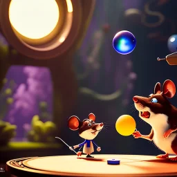 The mouse and the executioner discussing the future of the universe on bubble world, art by Pixar and Dreamworks