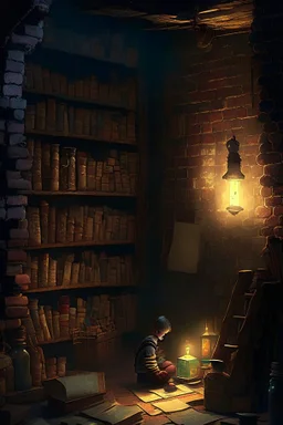 A dark, dingy brick dungeon, with a small shelf hanging on the back wall, containing vintage bottles of various sizes, and a lantern sitting on the floor, casting light on a pile of books with a young child studying