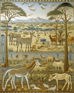 A savanna filled with mammals designed in ancient Greek mosaics