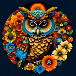 trippy, profile picture, confident proud owl, circular, floral, Persian pattern, colorful, vibrant, 3d, filed with flowers, bunchy