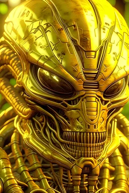 Design a face of xenomorph. Use Unreal Engine to make the xenomorph highly detailed and realistic, and design and create pair of realistic spider eyes. brown and mustard yellow color scheme, outdoors, (hyperdetailed:1.15)