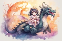 a cute anime chibi princess sitting on a wild chinese dragon and dynamically riding it, melting watercolor and black ink outlines on wet paper, soft, shading strokes, in sunshine, ethereal, otherwordly, cinematic postprocessing, bokeh, dof