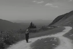 walking along a path that winds towards the top of a mountain, it is summer, photography taken with a Leica camera and 50mm lens, real photography in black and white, nostalgia