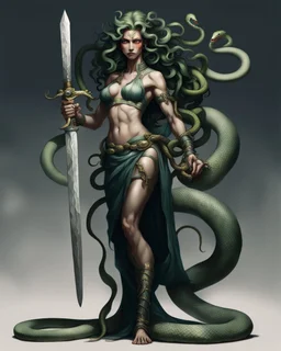 detailed persona, female, sword in hand, gorgon medusa, half turn, full height, leans on one leg, snakes on the head instead of hair