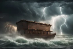 "Create a dramatic image of a monstrous storm, heavy clouds, and lightning tearing through the sky. Noah's Ark as the focal point, battling against the powerful waves of the flood. Add a subtle filter to create a mysterious and intriguing atmosphere. The image should be super realistic, epic, cinematic, and in high resolution."