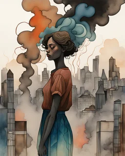 acrylic and watercolor and line tint painting of a sad young woman standing in front of a city entirely made of smoke, bronze - skinned, geometric curves, featured art, philosophical splashes of colors, art brought to life, soul shock