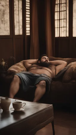 photorealistic, photography, full figure shot, an hairy men sleeping over an old sofa, hands behind the neck, Realistic photography, shirtless, shorts, well defined facial features, muscular chubby sweat dirty marocan, ugly , 34 years old , open legs, manly chest, big shoulders, manly torso, long beard , very dark living room, dim light, ambient occlusion, view angle from below, frontal view from the ground