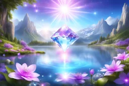 a magic diamond of light and bright over a magic landscape with fairy nature with magic flower and crystal lake