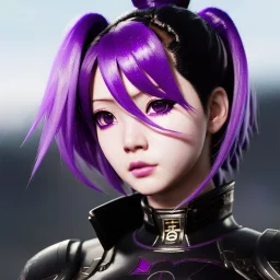 Detailed cute anime Kunoichi girl, purple hair buns, purple bangs, black latex bodysuit, intricate details, full body portrait, keep head in frame, slight smile, black Japanese motif, concept art, highly detailed, digital painting, concept art, sharp focus, illustration, art by Yoji Shinkawa, WLOP and greg rutkowski and alphonse mucha and artgerm and yanjun Chen and Junji ito and Makoto Shinkai, HDR, octane render