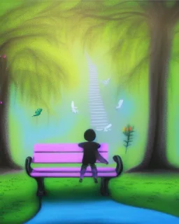 park mystical dream, park bench, man, woman, child, dog, trees, path, bird, sunshine, mystical, fantasy, romanticism, pastel colors, daylight, daytime, acrylic painting, detailed, soft focus,