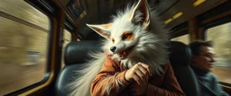 master oil painting by Rembrandt, scary ai sami white fox gremlin woman on buss , motion blur background