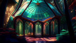 inside an art deco-style, colorful, high-definition, regularly domed glass pavilion in a shady forest, wide angle, very detailed elaboration, high light