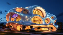 A frisky futuristic fantasy building at night, inspired by the fluidity of ocean waves, with undulating, curved walls made of shimmering, semi-transparent opalescent materials. The happy structure boasts large, intriguing rounded windows, curved balconies and walkways. Award-winning photograph, beautiful composition, joyful appearance.