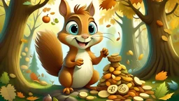 The image captures Sesame, the little squirrel, joyfully climbing a tree in a serene forest. His face reflects curiosity and delight, and in his hands, he holds a collection of nuts and fruits. The background is filled with autumn trees and colorful leaves, highlighting the beauty of the season and Sesame's unique adventure. Style, cartoon