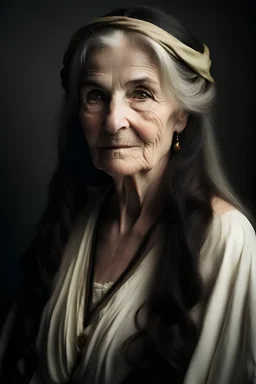 portrait of a 250 year old woman who looks like an elegant, greek goddess; she is beautiful and has long dark hair, friendly, faithful, hopeful