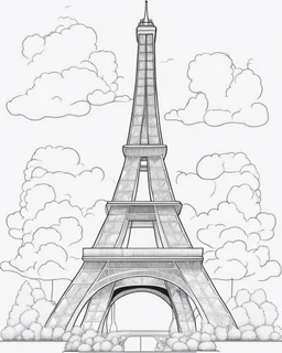 Cartoon outline, Eiffel Tower, coloring pages, no color, highly detailed, black and white, white background, highly detailed